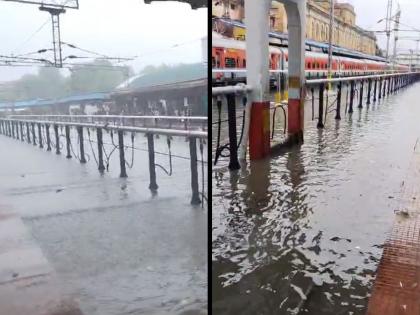 Railway station tracks filled with water | रेल्वे स्थानकातील ट्रॅकला नहरीचे स्वरूप