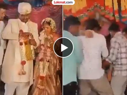 employee in andhra pradesh suffered heart attack during wedding ceremony leading to death video | Video - नवरा-नवरीला गिफ्ट द्यायला आला अन् खाली कोसळला; स्टेजवरच हार्ट अटॅकने मृत्यू