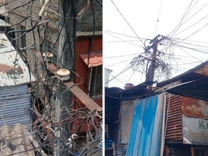 In the settlements of Pune, the lives of citizens are in danger! Leaning electric poles; Hanging electric wires, network of wires | पुण्यातील वस्त्यांमध्ये नागरिकांचा जीव धोक्यात! झुकलेले विद्युत खांब; लोंबकळलेल्या विजेच्या तारा, वायरींचे जाळे