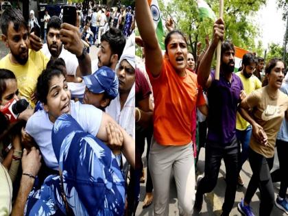 Wrestlers Sakshi Malik, Sangita Phogat, who were agitating for the arrest of ex-president of Wrestling Federation of India and BJP MP brijbhushan sharan singh were detained by Delhi Police, they were holding Mahila Mahapanchayat in front of New Parliament | जंतरमंतरवर मोठा राडा! नव्या संसदेसमोर आंदोलकांची 'कुस्ती', पैलवानांना पोलिसांनी घेतलं ताब्यात 