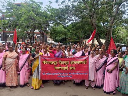 Chief Minister sir are we not your beloved sisters, Question of Anganwadi employees in Kolhapur | आम्ही लाडक्या बहिणी नाही का?, अंगणवाडी कर्मचाऱ्यांचा सवाल; कोल्हापूर जिल्हा परिषदेवर मोर्चा