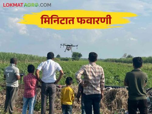 Drone Favarni: Spraying an acre in just 7 minutes through drones overcome the labour problem | Drone Favarni : मजुरांची अडचण दूर ड्रोनच्या माध्यमातून अवघ्या ७ मिनिटात एक एकर फवारणी