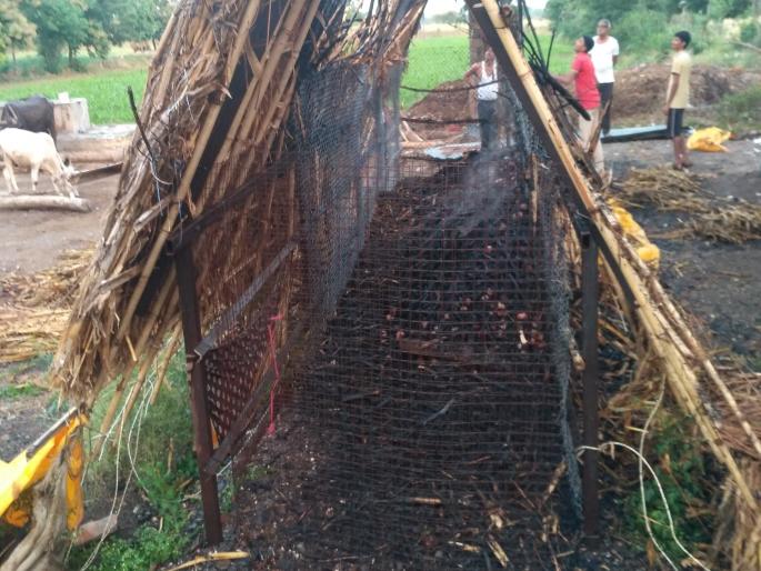 Onion slices fire due to crackers | फटाक्यांमुळे कांद्याच्या चाळीला आग Onion slices fire due to crackers | फटाक्यांमुळे कांद्याच्या चाळीला आग