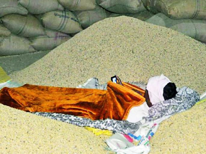 Wake up overnight in front of scattered beans | सोयाबीनच्या पसरवलेल्या ढिगांपुढे रात्रभर जागरण