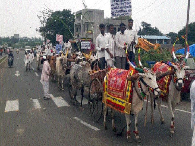 Farmer's bullock cart in Majalgaon | माजलगावात शेतकऱ्यांचा बैलगाडी मोर्चा