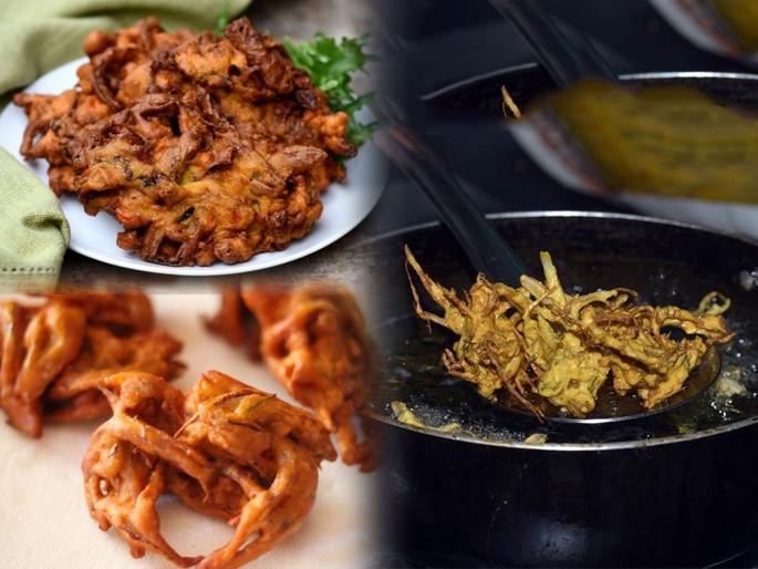 Perfect Recipe of Khekda Bhaji Onion Pakora : Crispy Khekda bhaji looks like a hotel in torrential rain, take the perfect recipe - tea bhaji party | मुसळधार पावसात हॉटेलसारखी कुरकुरीत खेकडा भजी खावीशी वाटतात, घ्या परफेक्ट रेसिपी- चहा भजी पार्टी