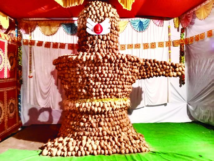 Shivling of three and a half thousand coconuts in the Mahashivratra festival | महाशिवरात्रोत्सवात साडेतीन हजार नारळांचे शिवलिंग लक्षवेधी Shivling of three and a half thousand coconuts in the Mahashivratra festival | महाशिवरात्रोत्सवात साडेतीन हजार नारळांचे शिवलिंग लक्षवेधी