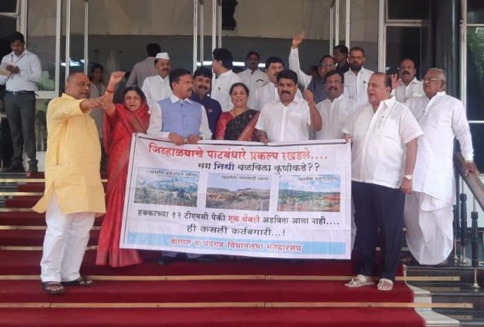 Mushrif's stance for 'Ambeoohal', 'Naganwadi' projects: Movement of Legislative Assemblies | ‘आंबेओहोळ’, ‘नागनवाडी’ प्रकल्पांसाठी मुश्रीफ यांचा ठिय्या : विधानभवनाच्या पायऱ्यांवर आंदोलन