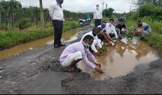 Plantation in the pit due to lack of work | काम होत नसल्याने खड्ड्यात वृक्षारोपण Plantation in the pit due to lack of work | काम होत नसल्याने खड्ड्यात वृक्षारोपण