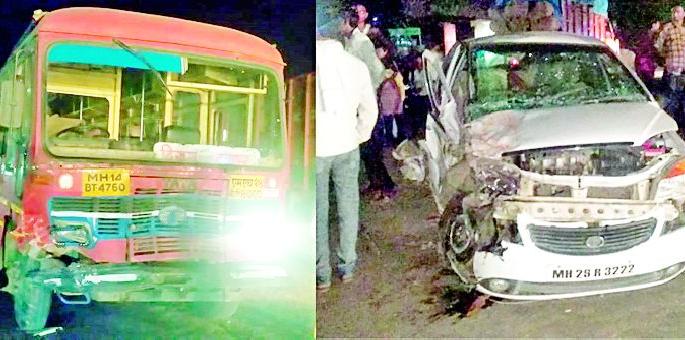 Bus car hits bus; Four injured | बसची कारला धडक; चार जखमी Bus car hits bus; Four injured | बसची कारला धडक; चार जखमी