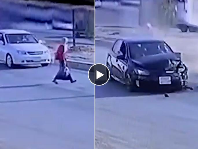 Viral Video Woman Walking Carelessly On Busy Road Causes Accident : hurry to cross the road; Her life was saved, but look what happened to the cars.. viral video | रस्ता क्रॉस करण्याची घाई नडली; तिचा जीव वाचला, पण गाड्यांचे पाहा काय झाले.. व्हायरल व्हिडिओ