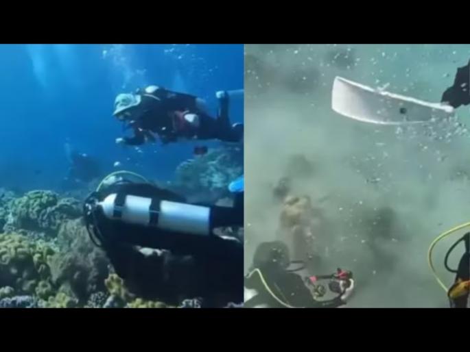 Scuba divers witness earthquake underwater video viral | VIDEO : पाण्यात काहीतरी शोधत होते स्कूबा डायव्हर्स, अचानक आला भीषण भूकंप आणि... Scuba divers witness earthquake underwater video viral | VIDEO : पाण्यात काहीतरी शोधत होते स्कूबा डायव्हर्स, अचानक आला भीषण भूकंप आणि...
