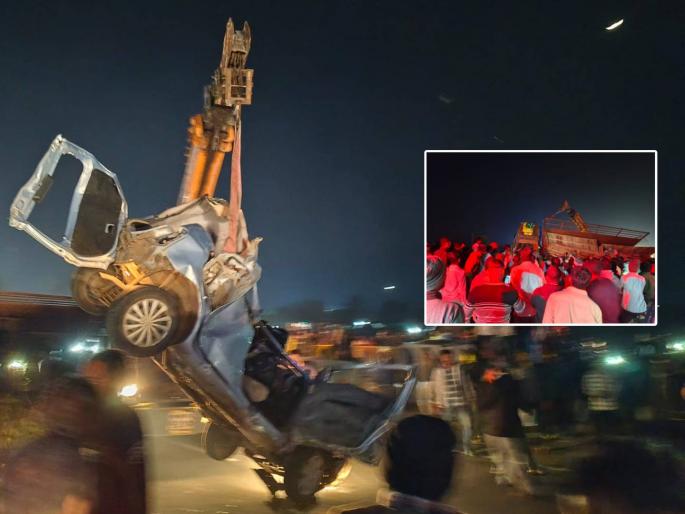 Truck overturns on running car, kills four in car; Accident on Nashik-Pune highway | धावत्या कारवर ट्रक उलटला, कारमधील चौघांचा मृत्यू; नाशिक-पुणे महामार्गावर अपघात Truck overturns on running car, kills four in car; Accident on Nashik-Pune highway | धावत्या कारवर ट्रक उलटला, कारमधील चौघांचा मृत्यू; नाशिक-पुणे महामार्गावर अपघात