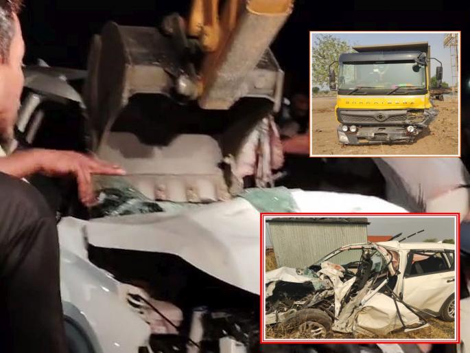 A car was hit by a speeding vehicle coming from the opposite direction; Two killed, five seriously injured in a horrific accident on Dhule Solapur Highway, in Jalna District | विरुद्ध दिशेने येणाऱ्या भरधाव हायवाने कारला उडविले; भीषण अपघातात दोन ठार, पाच गंभीर A car was hit by a speeding vehicle coming from the opposite direction; Two killed, five seriously injured in a horrific accident on Dhule Solapur Highway, in Jalna District | विरुद्ध दिशेने येणाऱ्या भरधाव हायवाने कारला उडविले; भीषण अपघातात दोन ठार, पाच गंभीर