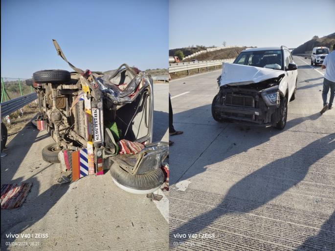 A speeding cruiser's tire bursts, causing a horrific accident on Samriddhi Highway, two dead, three seriously injured | भरधाव क्रूझरचा टायर फुटून समृद्ध महामार्गावर भीषण अपघात, दोघांचा मृत्यू, तिघे गंभीर जखमी A speeding cruiser's tire bursts, causing a horrific accident on Samriddhi Highway, two dead, three seriously injured | भरधाव क्रूझरचा टायर फुटून समृद्ध महामार्गावर भीषण अपघात, दोघांचा मृत्यू, तिघे गंभीर जखमी