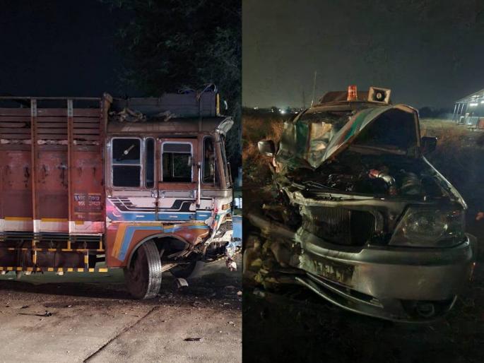A patrol car of Nashik Forest Department was crushed in a collision with a speeding truck | भरधाव ट्रकच्या धडकेत नाशिक वनविभागाच्या पेट्रोलिंग कारचा चक्काचूर A patrol car of Nashik Forest Department was crushed in a collision with a speeding truck | भरधाव ट्रकच्या धडकेत नाशिक वनविभागाच्या पेट्रोलिंग कारचा चक्काचूर