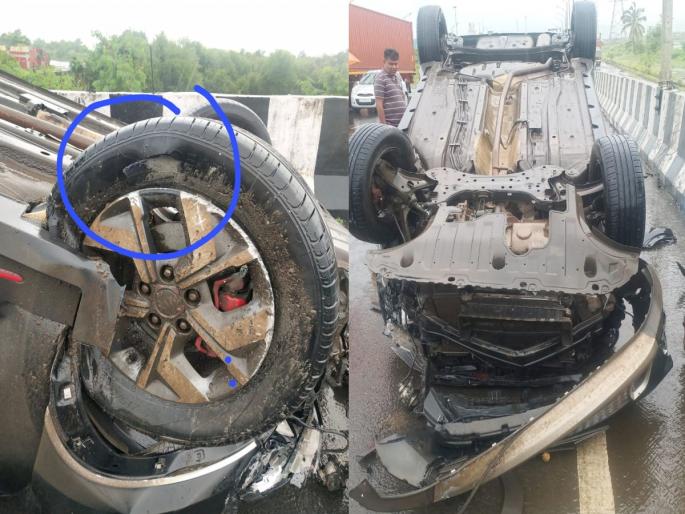 The car overturned due to a burst tire, the car Safe | टायर फुटल्याने कार उलटली, सुदैवाने कार चालक बचावला  The car overturned due to a burst tire, the car Safe | टायर फुटल्याने कार उलटली, सुदैवाने कार चालक बचावला