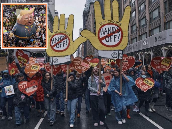 Hands off' Protest Americans erupted against Trump-Musk, took to the streets in 1200 places with posters in their hands | 'हॅन्ड्स ऑफ' प्रोटेस्ट...!': ट्रम्प-मस्क यांच्या विरोधात लोक भडकले, हातात पोस्टर घेऊन 1200 ठिकाणी रस्त्यावर उतरले Hands off' Protest Americans erupted against Trump-Musk, took to the streets in 1200 places with posters in their hands | 'हॅन्ड्स ऑफ' प्रोटेस्ट...!': ट्रम्प-मस्क यांच्या विरोधात लोक भडकले, हातात पोस्टर घेऊन 1200 ठिकाणी रस्त्यावर उतरले