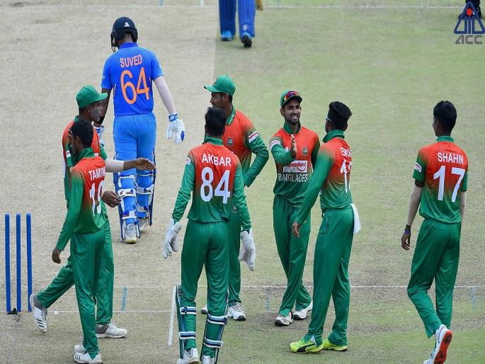 India(U19) are bowled out for 106 against Bangladesh (U19) in Asia Cup U-19 Final | Asia Cup : टीम इंडियाचे जेतेपदाच्या सामन्यात बांगलादेशसमोर लोटांगण; कसाबसा गाठला शतकी पल्ला