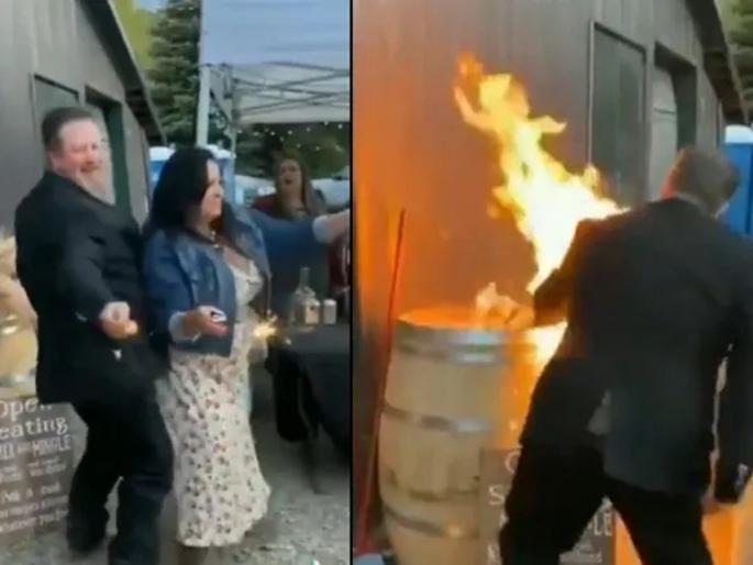 At the wedding, a drunken man set fire to the tent and unique danced | VIDEO: आरारा खतरनाक! लग्नात दारू पिऊन आलेल्या व्यक्तीने मंडपाला आग लावून केला भन्नाट डान्स At the wedding, a drunken man set fire to the tent and unique danced | VIDEO: आरारा खतरनाक! लग्नात दारू पिऊन आलेल्या व्यक्तीने मंडपाला आग लावून केला भन्नाट डान्स