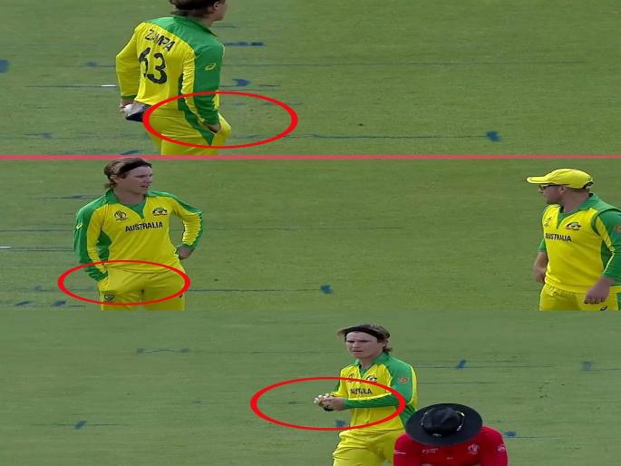 ICC World Cup 2019 IND vs AUS : Sandpapergate saga as Adam Zampa pockets something after using it on ball | ICC World Cup 2019 IND vs AUS : अ‍ॅडम झम्पाची संशयास्पद कृती; पुन्हा चेंडू कुरतडण्याचा प्रयत्न?