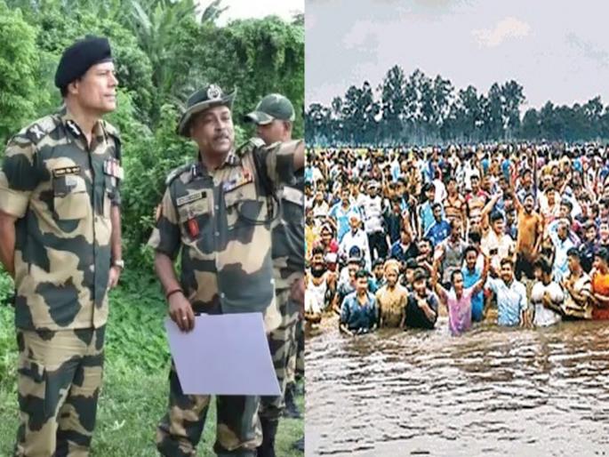 Bangladeshi Hindus bordering India; Chanting Jai Shri Ram while standing in the water, BSF Stop them on Border | बांगलादेशी हिंदू भारताच्या सीमेवर; पाण्यात उभे राहून जय श्री रामचे नारे Bangladeshi Hindus bordering India; Chanting Jai Shri Ram while standing in the water, BSF Stop them on Border | बांगलादेशी हिंदू भारताच्या सीमेवर; पाण्यात उभे राहून जय श्री रामचे नारे