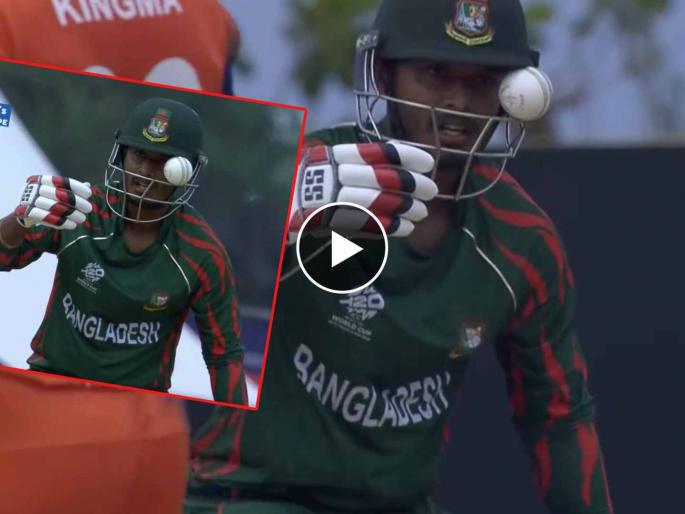 T20 World Cup 2024 BAN vs NED Live: brilliant catch take by Engelbrecht!  Aryan Dutt has two, Litton has to go, Ball stuck in the helmet of Tanzid, Video | बांगलादेशच्या फलंदाजाचा डोळा थोडक्यात वाचला; इगलब्रेचच्या अफलातून झेलने पॉवर प्ले गाजला