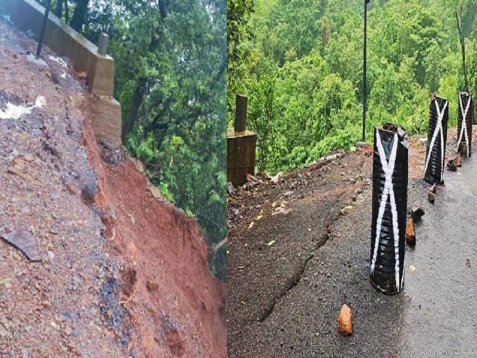 The protective wall of Bhuibawada Ghat collapsed, cracks in road too | Sindhudurg: भुईबावडा घाटात नवीन संरक्षक भिंत कोसळली, रस्त्यालाही भेगा; वाहतूक धोकादायक The protective wall of Bhuibawada Ghat collapsed, cracks in road too | Sindhudurg: भुईबावडा घाटात नवीन संरक्षक भिंत कोसळली, रस्त्यालाही भेगा; वाहतूक धोकादायक