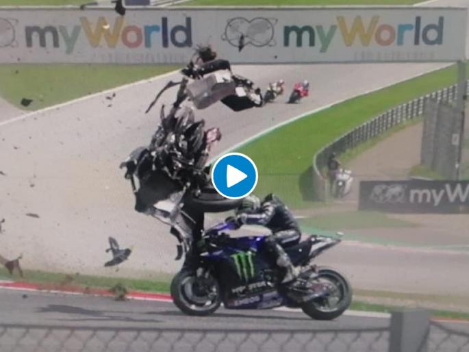 Watch horror 200mph crash as MotoGP riders collide at Austrian GP and flying bikes miss Valentino Rossi by inches | Video: खतरनाक अपघात; बाईक्सचे झाले तुकडे तुकडे; रेसिंग सुरू असताना रायडरचा तोल गेला अन्...  Watch horror 200mph crash as MotoGP riders collide at Austrian GP and flying bikes miss Valentino Rossi by inches | Video: खतरनाक अपघात; बाईक्सचे झाले तुकडे तुकडे; रेसिंग सुरू असताना रायडरचा तोल गेला अन्...