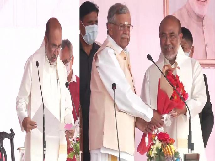 Manipur | BJP| N Biren Singh | Biren Singh second time takes oath as the Chief Minister of Manipur in Imphal | Manipur: मणिपूरमध्ये पुन्हा भाजप; बीरेन सिंह यांनी दुसऱ्यांदा घेतली मुख्यमंत्रिपदाची शपथ Manipur | BJP| N Biren Singh | Biren Singh second time takes oath as the Chief Minister of Manipur in Imphal | Manipur: मणिपूरमध्ये पुन्हा भाजप; बीरेन सिंह यांनी दुसऱ्यांदा घेतली मुख्यमंत्रिपदाची शपथ