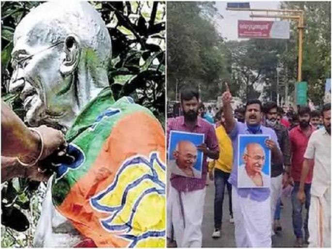 protests in kerala after bjp flag found draped around gandhi statue all you need to know | महात्मा गांधींच्या पुतळ्यावर भाजपाचा झेंडा, विरोधकांचा संताप protests in kerala after bjp flag found draped around gandhi statue all you need to know | महात्मा गांधींच्या पुतळ्यावर भाजपाचा झेंडा, विरोधकांचा संताप