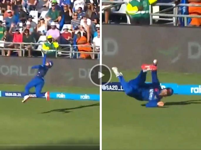 Mumbai Indians Capetown Baby AB Dewald Brevis takes superb catch on boundary line vs SRH Cape in SAT20 viral video | Video: Baby AB ची 'हवाई कमाल'! सीमारेषेवर झेप घेत डेवाल्ड ब्रेव्हिसने पकडला भन्नाट कॅच