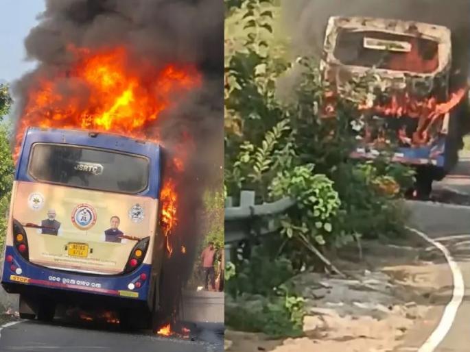 Bus catches fire in Andhra Pradesh; Driver's alertness saves lives of passengers | आंध्र प्रदेशात बसने घेतला पेट; चालकाच्या सतर्कतेमुळे वाचले प्रवाशांचे जीव Bus catches fire in Andhra Pradesh; Driver's alertness saves lives of passengers | आंध्र प्रदेशात बसने घेतला पेट; चालकाच्या सतर्कतेमुळे वाचले प्रवाशांचे जीव