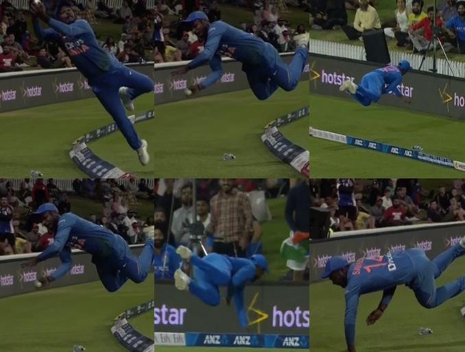Ind Vs NZ: Sanju Samson becomes Superman; Four runs saved in the jump air | Ind Vs NZ : Sanju Samson ठरला सुपरमॅन; हवेतल्या हवेत वाचवल्या चार धावा