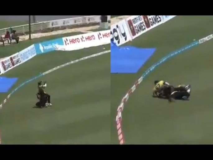 CPL 2020 :  Rovman Powell and Permaul collide near cow corner, but powell took great catch, watch video | CPL 2020 : झेल पकडण्यासाठी दोन खेळाडू एकमेकांवर आदळले अन् पुढे जे झाले ते पाहाच...