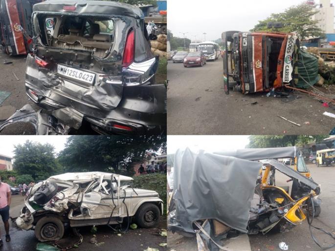 Bizarre accident due to loss of truck driver near Pune, major damage to 4 vehicles | पुण्याजवळ ट्रकचालकाचे नियंत्रण सुटल्याने विचित्र अपघात, 8 गाड्यांचे मोठे नुकसान Bizarre accident due to loss of truck driver near Pune, major damage to 4 vehicles | पुण्याजवळ ट्रकचालकाचे नियंत्रण सुटल्याने विचित्र अपघात, 8 गाड्यांचे मोठे नुकसान