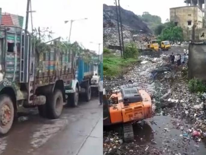 Mud and stench in the dumping ground area, garbage dumpers and trucks blocked by citizens | डम्पिंग ग्राऊंड परिसरात चिखल व दुर्गंधी, नागरिकांनी अडविले कचऱ्याचे डंपर अन् ट्रक
