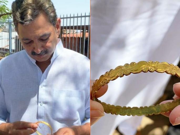 Rare bangle found in excavation at Raigad, photo share by Sambhaji Raje | रायगडावरील उत्खननात सापडली पुरातन मौल्यवान बांगडी, संभाजीराजेंना अत्यानंद Rare bangle found in excavation at Raigad, photo share by Sambhaji Raje | रायगडावरील उत्खननात सापडली पुरातन मौल्यवान बांगडी, संभाजीराजेंना अत्यानंद