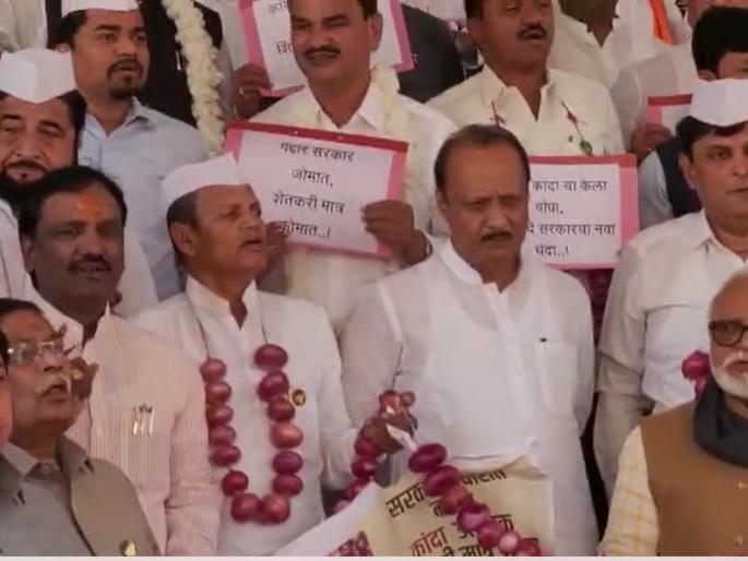 Opponents are aggressive with onion garlands around their necks, stormy second day of Adhivensha state government | गळ्यात कांद्याच्या माळा, डोक्यावर टोपली; विधिमंडळाबाहेर आमदार आक्रमक Opponents are aggressive with onion garlands around their necks, stormy second day of Adhivensha state government | गळ्यात कांद्याच्या माळा, डोक्यावर टोपली; विधिमंडळाबाहेर आमदार आक्रमक