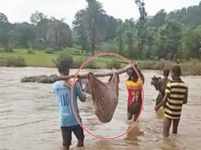 Dolly support for an elderly female patient in Jawhar | नदीतून प्रवास... जव्हारमधील वृद्ध महिला रुग्णाला डोलीचा आसरा Dolly support for an elderly female patient in Jawhar | नदीतून प्रवास... जव्हारमधील वृद्ध महिला रुग्णाला डोलीचा आसरा