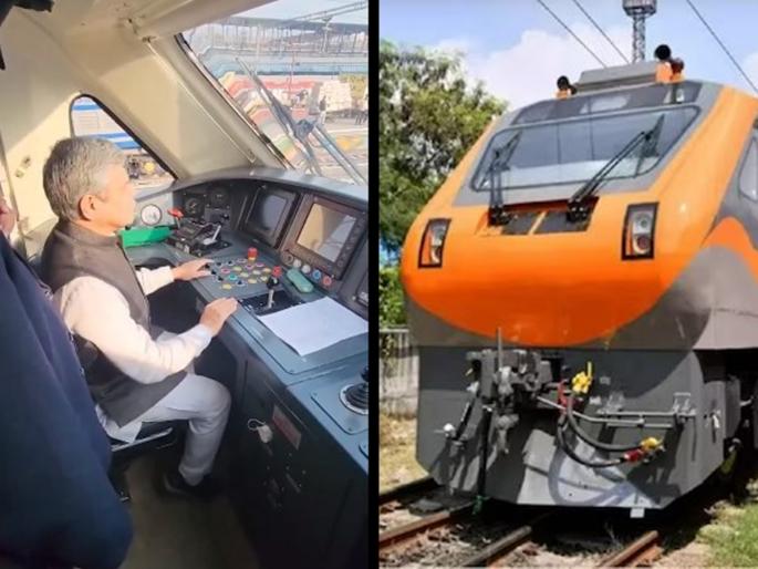 Railway Minister Ashwini vaishnav on pilot seat of 'Amrit Bharat Express'; The entire train shown from the inside | Video: 'अमृत भारत एक्सप्रेस'च्या पायलट सीटवर रेल्वेमंत्री; आतमधून दाखवली संपूर्ण ट्रेन