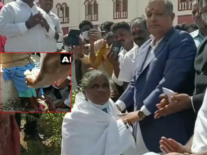 Such respect for sanitation workers; It was the judge who washed his feet in tamilnadu | Video: स्वच्छता कर्मचाऱ्यांचा असाही सन्मान; चक्क न्यायाधीशांनीच धुतले पाय, फुलेही वाहिली Such respect for sanitation workers; It was the judge who washed his feet in tamilnadu | Video: स्वच्छता कर्मचाऱ्यांचा असाही सन्मान; चक्क न्यायाधीशांनीच धुतले पाय, फुलेही वाहिली