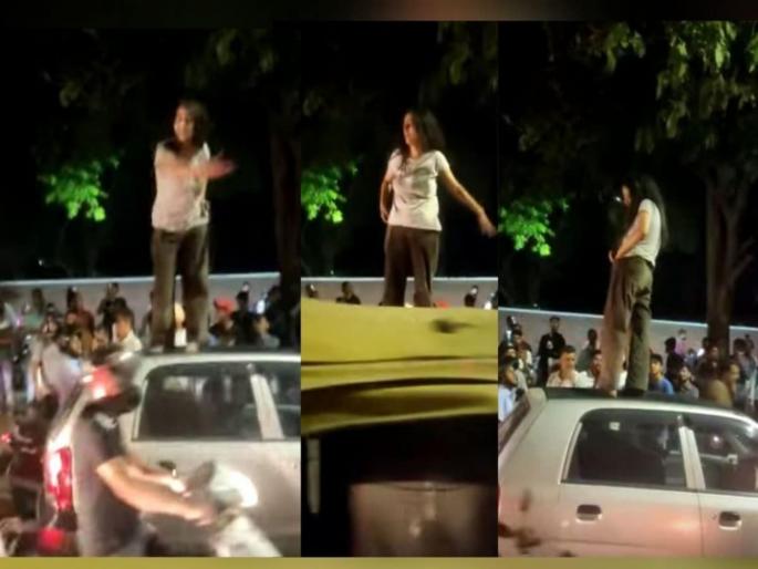 Chandigarh : Lady high voltage drama rash driving viral video | चंडीगढमध्ये तरूणीचा हायव्होल्टेज ड्रामा, कारच्या छतावर चढून घातला गोंधळ Chandigarh : Lady high voltage drama rash driving viral video | चंडीगढमध्ये तरूणीचा हायव्होल्टेज ड्रामा, कारच्या छतावर चढून घातला गोंधळ