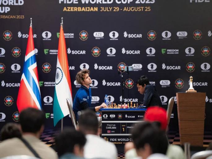 Chess World Cup 2023 Final: Pragnanandan and Carlson's second game also a draw, now the tiebreaker will be the champion | Chess World Cup 2023 Final : प्रज्ञाननंदा आणि कार्लसनचा दुसरा गेमही अनिर्णित, आता टायब्रेकवर चॅम्पियन ठरणार Chess World Cup 2023 Final: Pragnanandan and Carlson's second game also a draw, now the tiebreaker will be the champion | Chess World Cup 2023 Final : प्रज्ञाननंदा आणि कार्लसनचा दुसरा गेमही अनिर्णित, आता टायब्रेकवर चॅम्पियन ठरणार