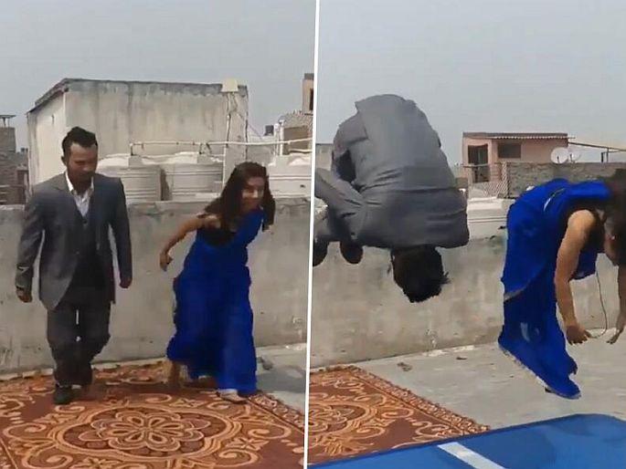 viral video of woman front flip with saree | VIDEO : मुलीने साडीवरच केला बोलती बंद करणारा 'खतरनाक' स्टंट, वारंवार पाहूनही भरणार नाही मन  viral video of woman front flip with saree | VIDEO : मुलीने साडीवरच केला बोलती बंद करणारा 'खतरनाक' स्टंट, वारंवार पाहूनही भरणार नाही मन