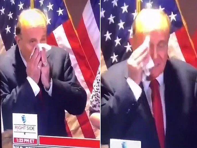 video US president donald trumps lawyer rudy giuliani blowing nose in napkin and wipe in face | डोनाल्ड ट्रम्प यांच्या वकिलाने नाक पुसलेल्या रुमालानेच पुसला चेहरा; नेटिझन्सनी केलं Troll - पाहा Video video US president donald trumps lawyer rudy giuliani blowing nose in napkin and wipe in face | डोनाल्ड ट्रम्प यांच्या वकिलाने नाक पुसलेल्या रुमालानेच पुसला चेहरा; नेटिझन्सनी केलं Troll - पाहा Video
