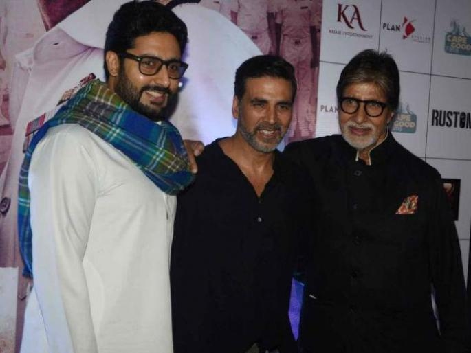 Amitabh-Abhishek gets 'Rustam' screening in attendance! | अमिताभ-अभिषेकची भरपावसात ‘रुस्तम’च्या स्क्रीनिंगला हजेरी!
