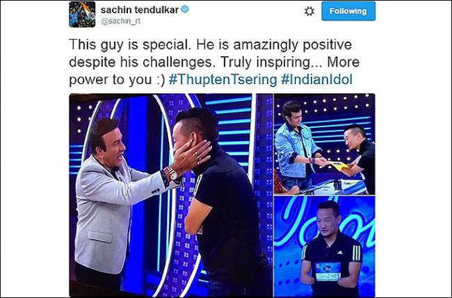 Sachin Tendulkar is pleased to be the Indian Idol's Thupten Sering contestant | सचिन तेंडुलकर खूश झाला इंडियन आयडलच्या थुपटेन सेरिंग या स्पर्धकावर Sachin Tendulkar is pleased to be the Indian Idol's Thupten Sering contestant | सचिन तेंडुलकर खूश झाला इंडियन आयडलच्या थुपटेन सेरिंग या स्पर्धकावर