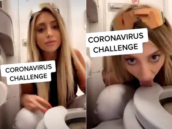 Corona Virus: Woman licking plane toilet seat for 'coronavirus challenge' api | Coronavirus Challenge : Tiktok स्टारने चाटली विमानाची टॉयलेट सीट, व्हिडीओ व्हायरल! Corona Virus: Woman licking plane toilet seat for 'coronavirus challenge' api | Coronavirus Challenge : Tiktok स्टारने चाटली विमानाची टॉयलेट सीट, व्हिडीओ व्हायरल!