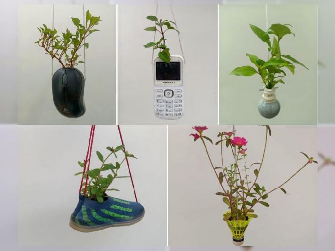 Flowers bloomed in mobile phones, computer mice, bulbs, the garden became rich through the use of waste materials | मोबाइल फोन, कॉम्प्युटर माऊस, बल्बमध्येही फुलली फुलझाडे; टाकाऊ वस्तूंच्या वापरातून परसबाग झाली समृद्ध Flowers bloomed in mobile phones, computer mice, bulbs, the garden became rich through the use of waste materials | मोबाइल फोन, कॉम्प्युटर माऊस, बल्बमध्येही फुलली फुलझाडे; टाकाऊ वस्तूंच्या वापरातून परसबाग झाली समृद्ध